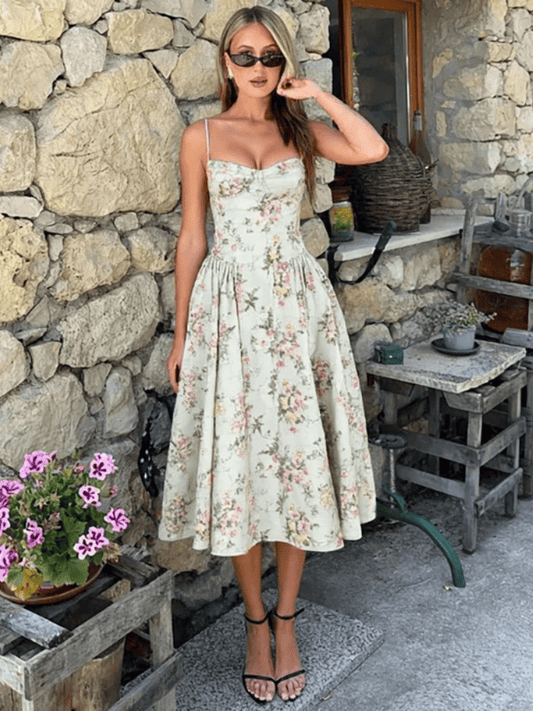 Vestido Midi Elegante Floral Alça Fina Verde