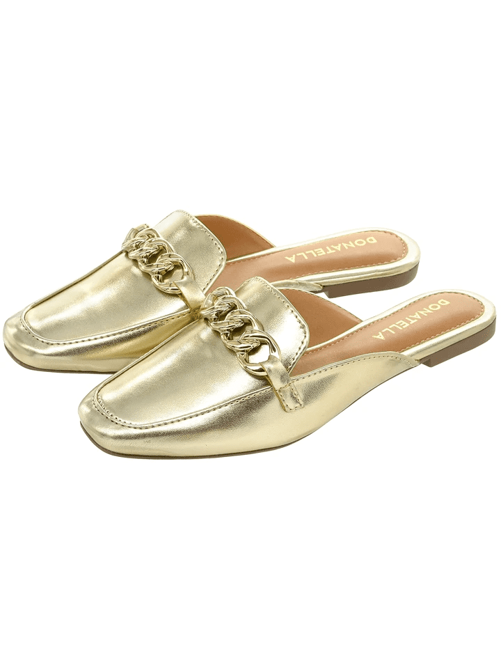 Mule Feminino Metalizado com Corrente Dourado