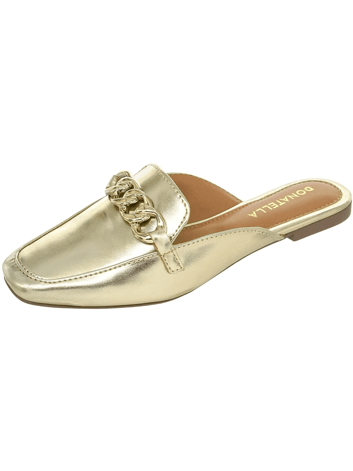 Mule Feminino Metalizado com Corrente Dourado