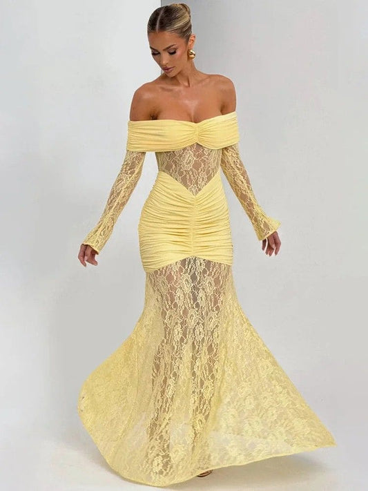 Saia rendada do vestido amarelo de festa longo – Moda Origem