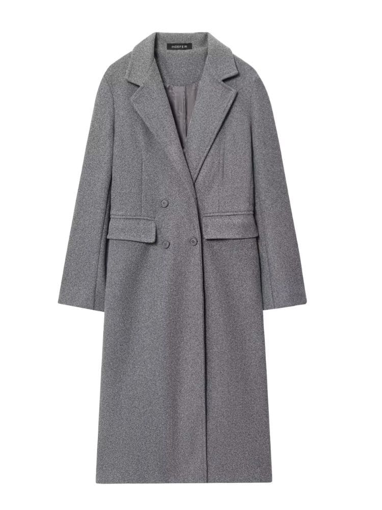 Sobretudo feminino longo de lã batida cinza grafite elegante com silhueta europeia, marca Moda Origem.