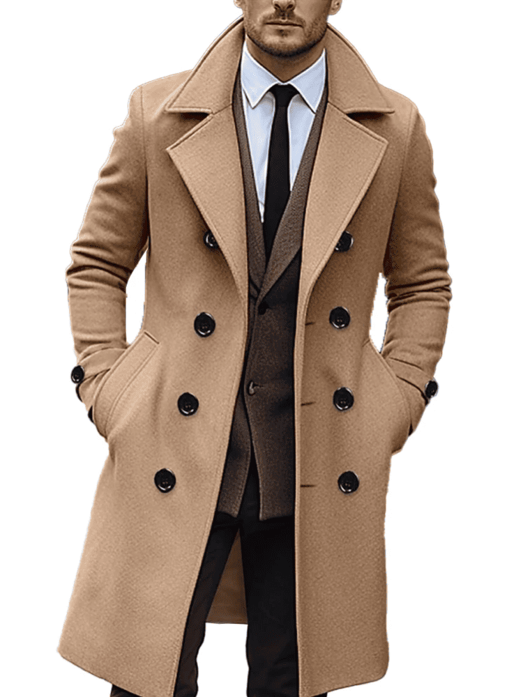 Sobretudo masculino longo cor marrom de lã premium Moda Origem