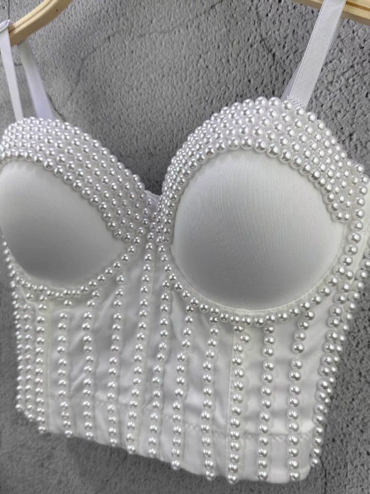 Top Cropped Festa com Pérolas Moda Origem, decote redondo elegante e acabamento luxuoso