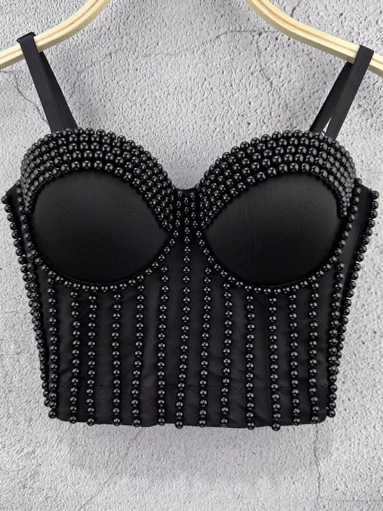 Top Cropped Festa com Pérolas Preto Moda Origem, decote redondo e fileiras de pérolas na cintura