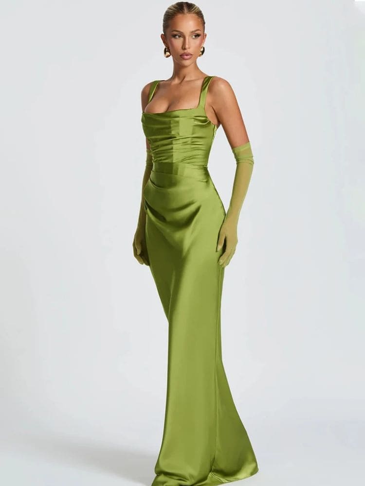 Vestido cetim verde para eventos formais com detalhe de amarração Moda Origem