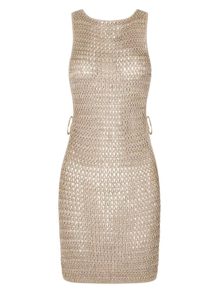 estido Curto Feminino Crochê Boho Praia bege mostrando frente Moda Origem