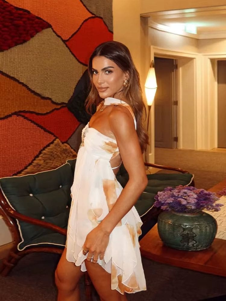 Vestido para eventos em tecido chiffon amarelo com babados, estilo feminino, lateral Moda Origem