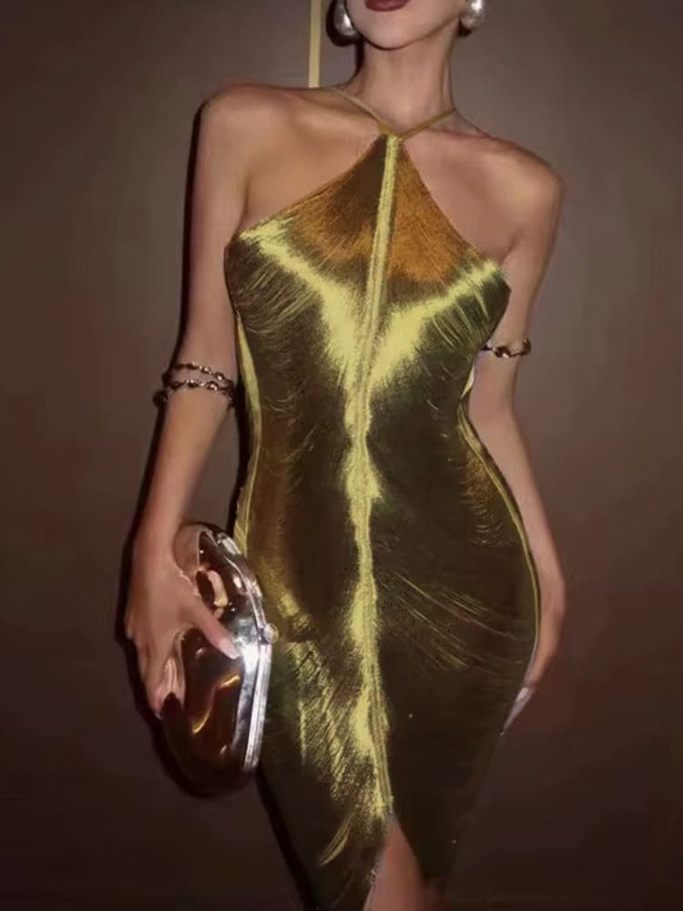 Vestido Curto Feminino Elegante Dourado, frontal, modelo da Moda Origem