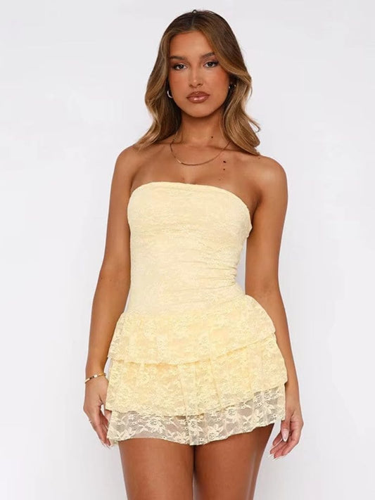 Vestido curto amarelo tomara que caia de renda Moda Origem para festas no verão