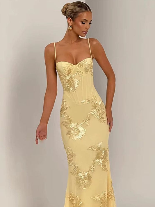 Vestido de festa longo amarelo floral sofisticado Moda Origem