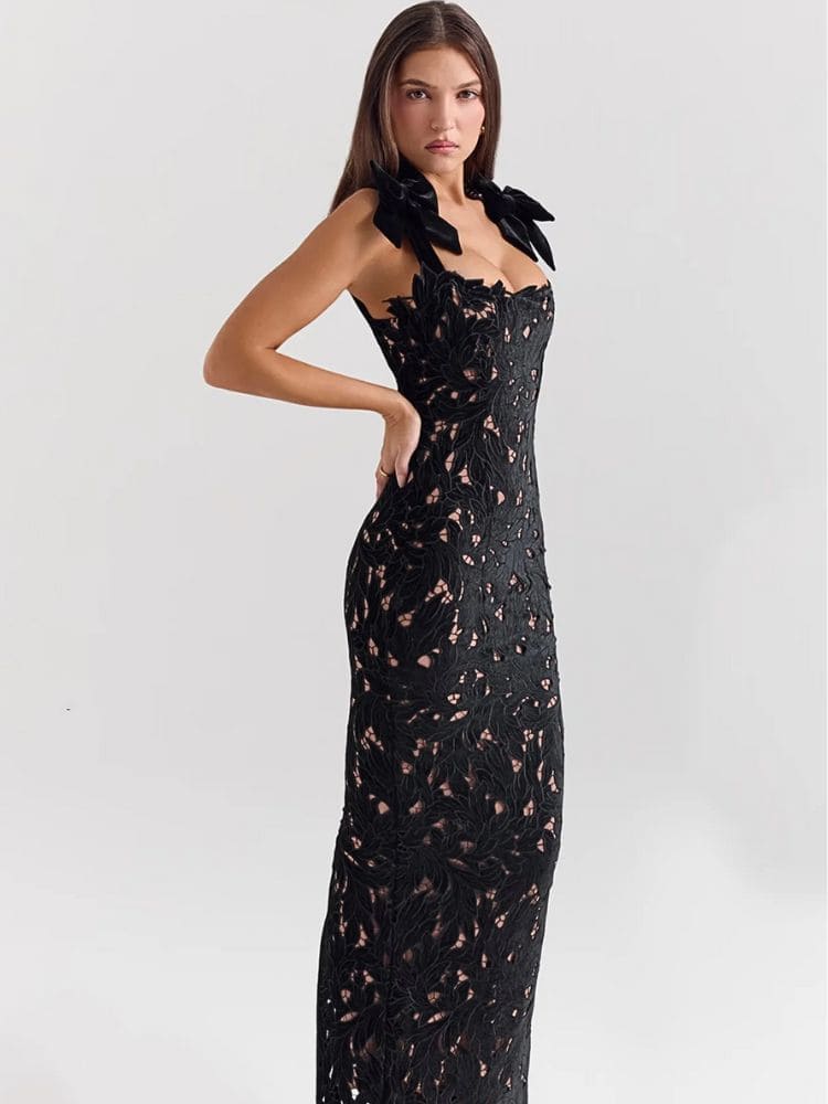 Vestido de festa longo de renda preto elegante para ocasiões especiais – Moda Origem