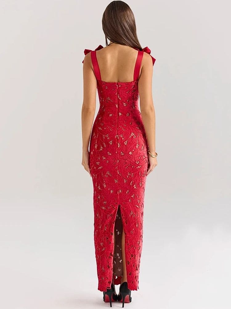 Vestido de renda longo vermelho elegante para festas costas para casamentos – Moda Origem