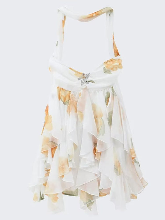 Vestido curto amarelo em chiffon leve com babados da Moda Origem, ideal para festas e eventos.