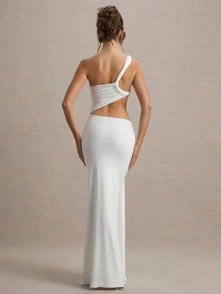 Costas acabamento premium em vestido longo festa branco com tecido de alta qualidade, Moda Origem