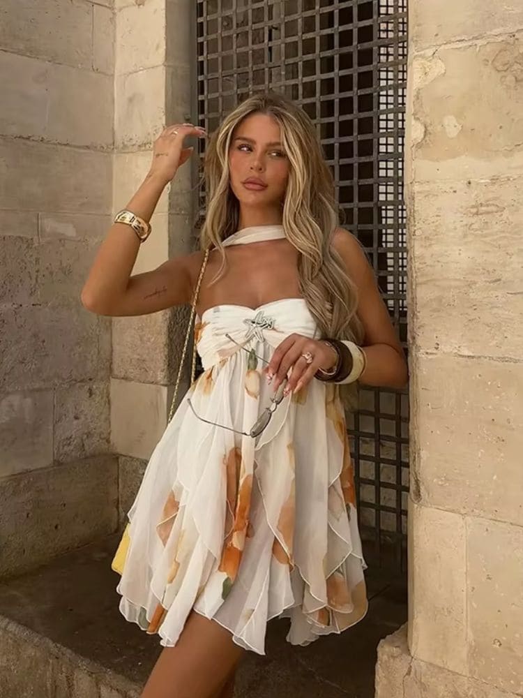 Vestido amarelo com design elegante, babados em chiffon para festas e eventos, Moda Origem