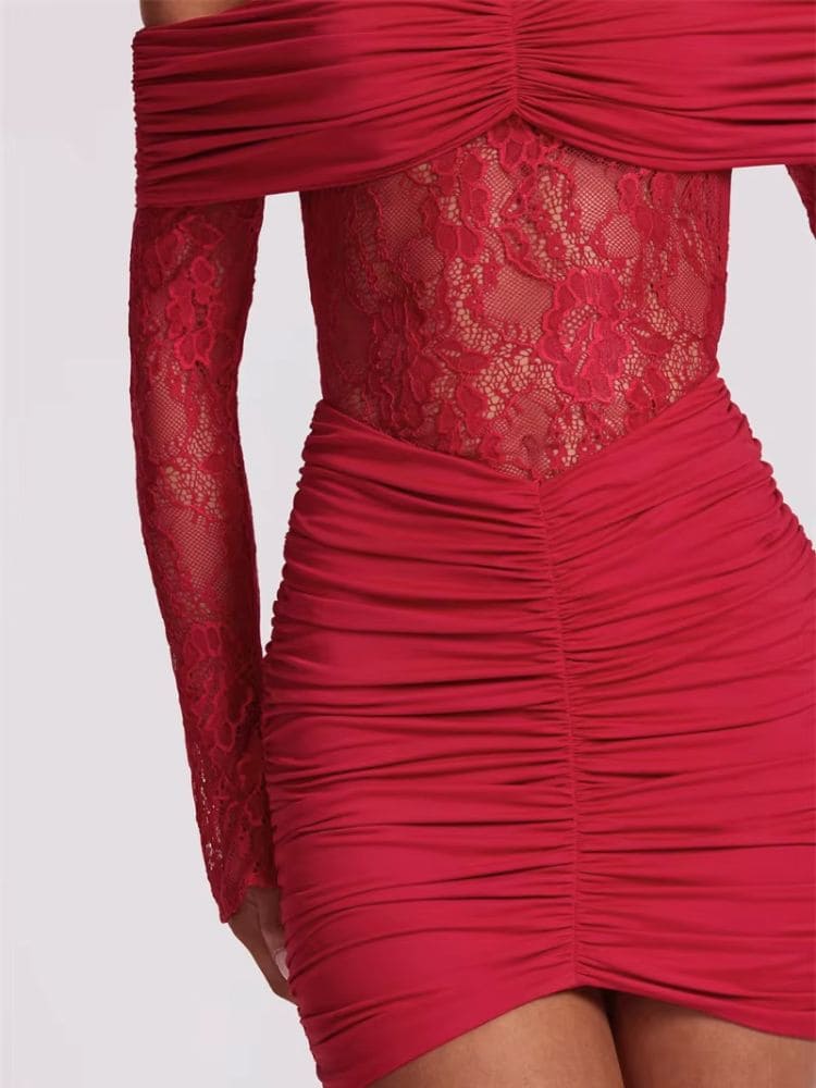 Look em renda vermelho Vestido de Festa Curto Ombro a Ombro, Moda Origem