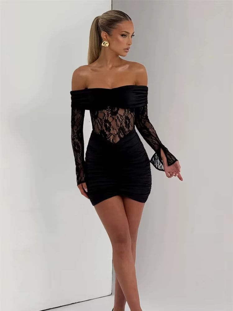 Vestido de Festa Curto Ombro a Ombro Preto, perfil da modelo, Moda Origem