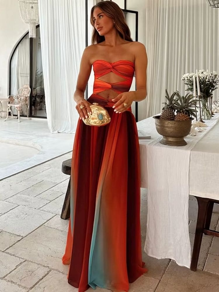 Modelo usando Vestido Laranja Tomara que Caia Verão 2026, corpo inteiro de frente, elegante e sofisticado – Moda Origem