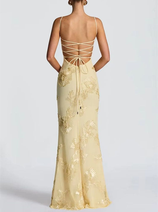 Vestido longo amarelo floral para festa, casamento e formatura Moda Origem