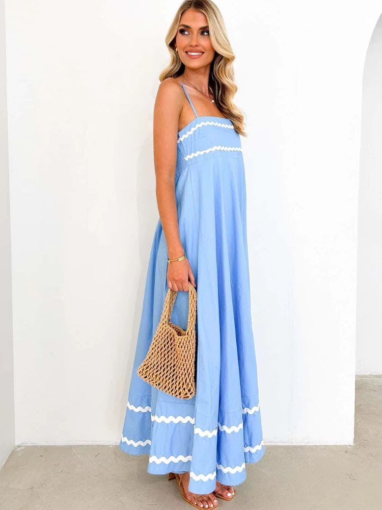 Vestido longo azul, lateral mostrando conforto e estilo casual chic para o verão – Moda Origem