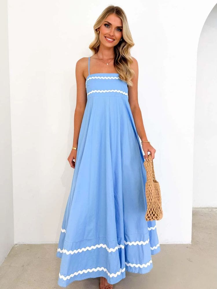 Vestido longo azul feminino, frontal, ideal para verão e passeios casuais – Moda Origem