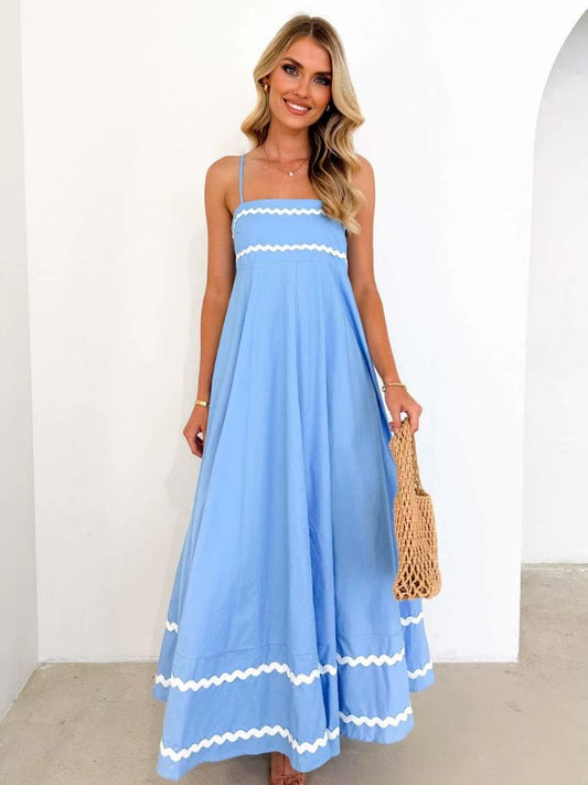 Vestido longo azul feminino, frontal, ideal para verão e passeios casuais – Moda Origem