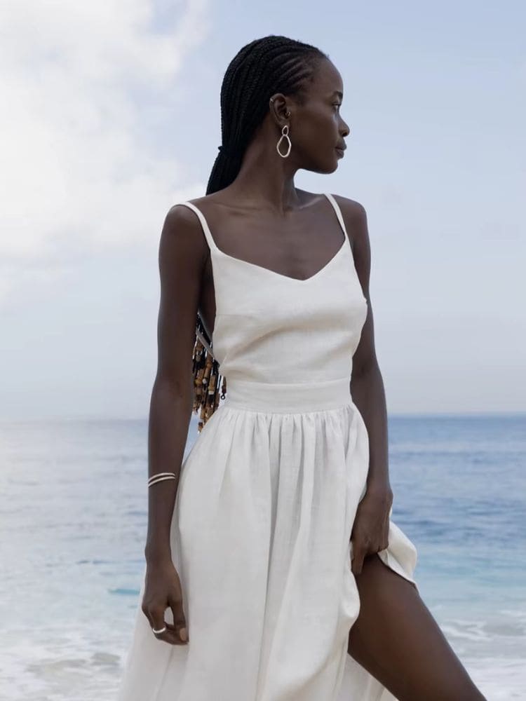 Vestido longo boho branco de algodão com alça fina – Moda Origem