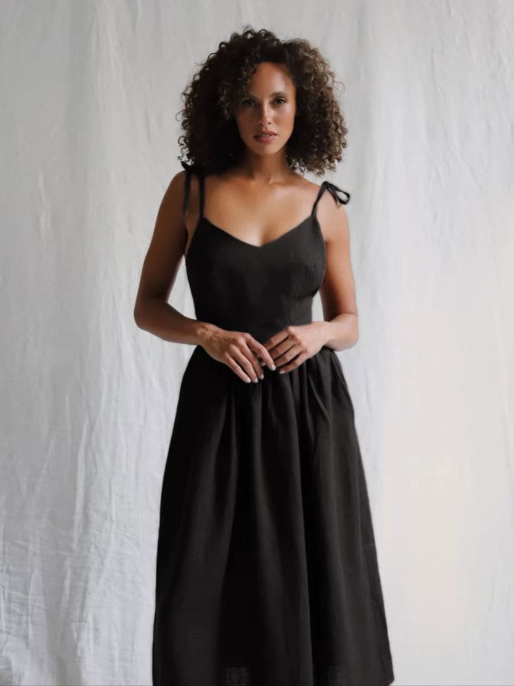 Vestido longo boho preto de algodão visto de frente – Moda Origem