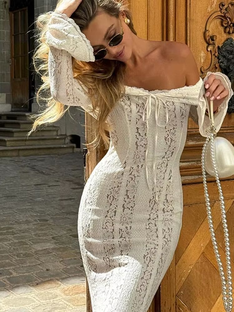 Vestido longo branco ombro a ombro perfeito para casamentos Moda Origem