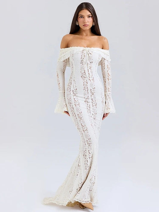Vestido de renda longo branco sofisticado para festas Moda Origem