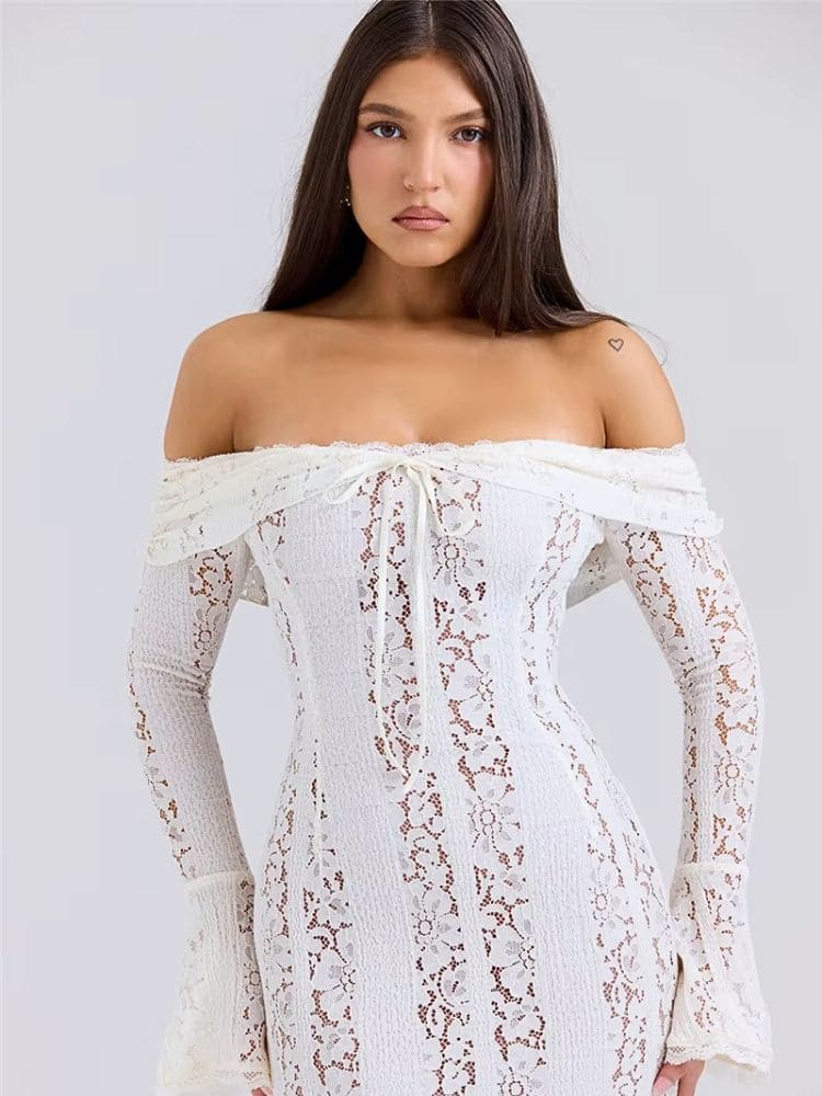 Vestido longo branco de renda ombro a ombro para ocasiões formais Moda Origem