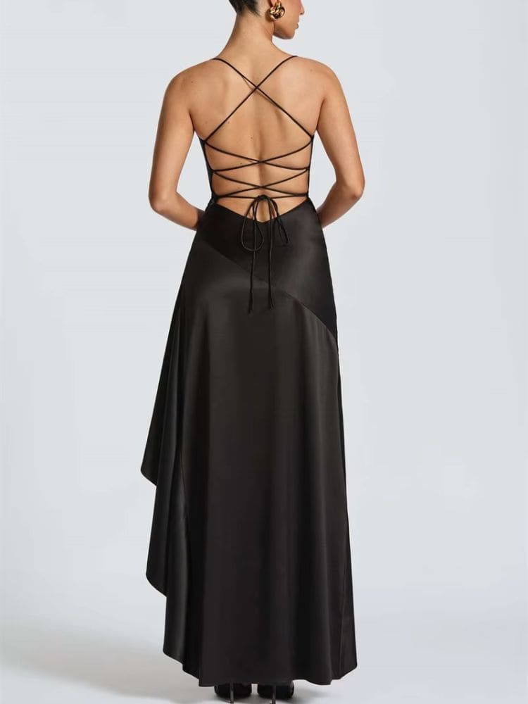 Cor fluida e amarração costas do vestido longo de cetim preto com fenda – Moda Origem