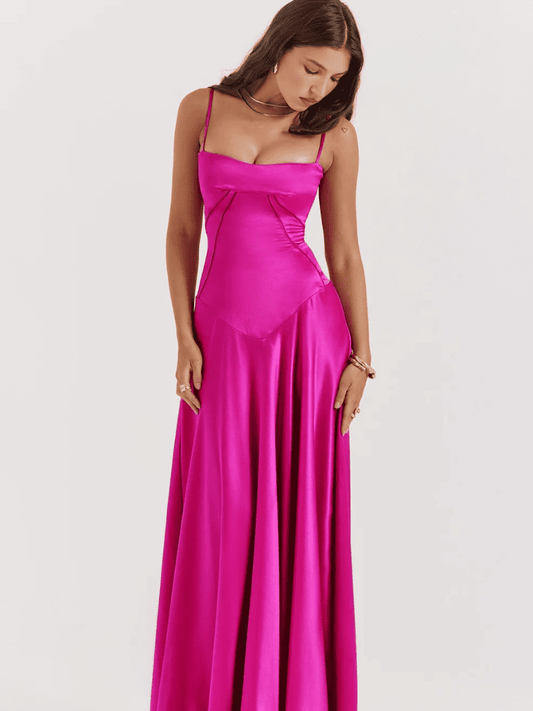 Vestido longo de cetim elegante para festa rosa – Moda Origem