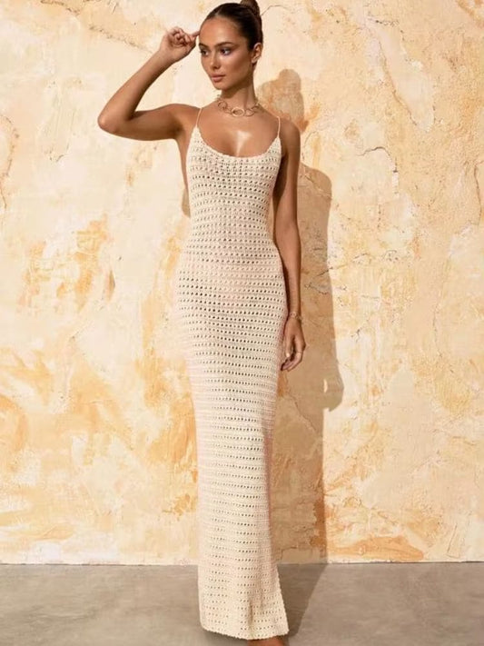 Vestido longo de crochê boho chic bege Moda Origem perfeito para o verão