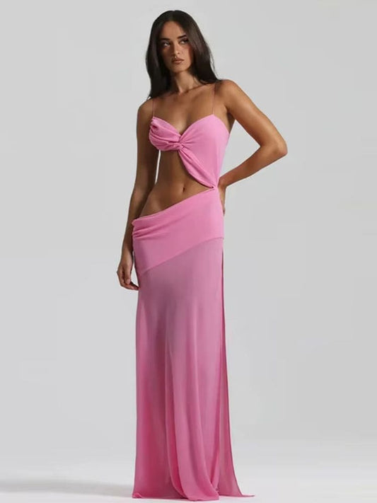 Vestido longo cut-out com fenda rosa Moda Origem, modelo mostrando corpo todo de frente