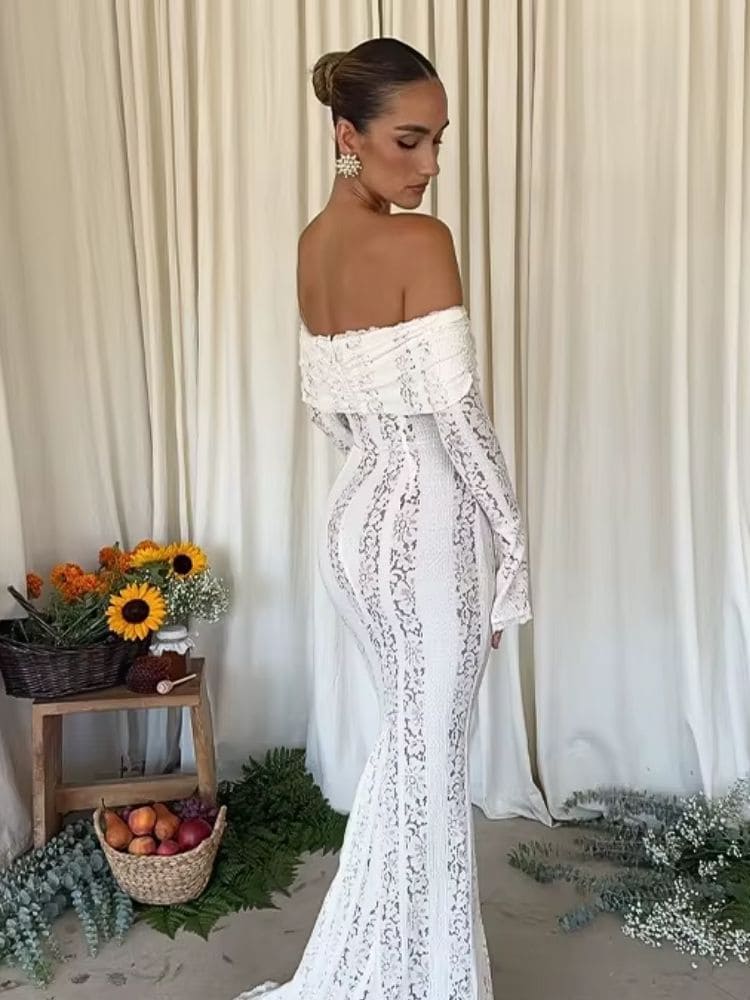 Vestido longo branco de renda especial para casamento Moda Origem