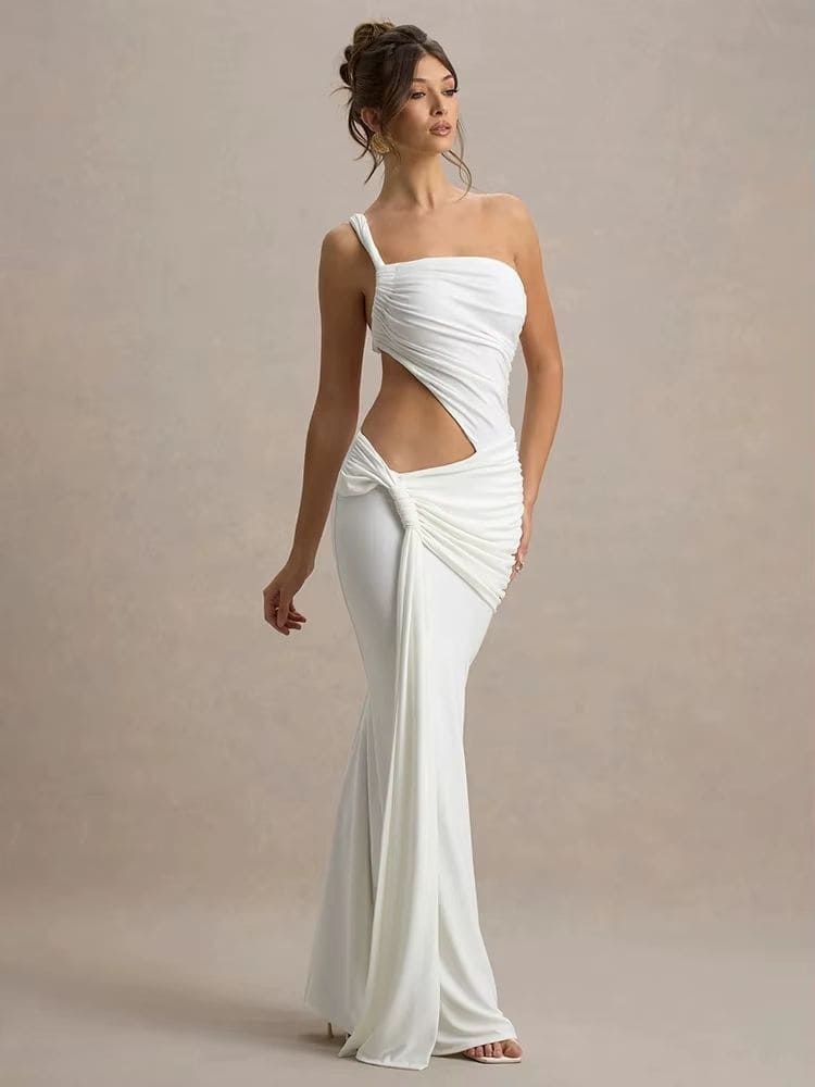 Detalhe do drapeado na saia de vestido longo branco festa, Moda Origem