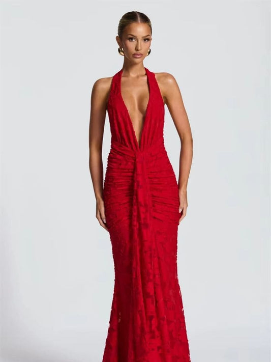 Vestido longo de festa vermelho com decote V profundo e modelagem slim – Moda Origem