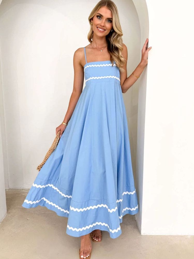 Vestido longo Moda Origem em cores Bege, Azul e Preto, look completo com sandálias, bolsa e óculos – Estilo verão casual chic