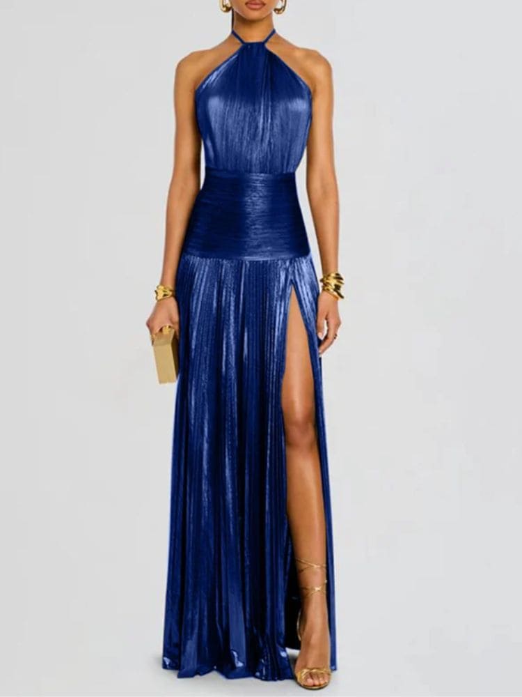 Vestido Longo Feminino Plissado com Fenda – Festa e Formatura