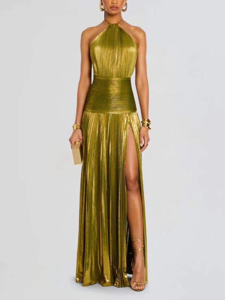 Vestido Longo Plissado Dourado Moda Origem – Vista frontal elegante para festa e formatura