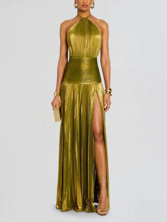 Vestido Longo Plissado Dourado Moda Origem – Vista frontal elegante para festa e formatura