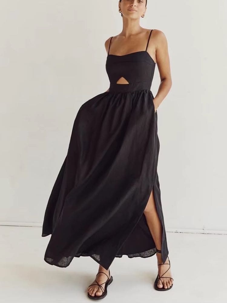 Vista completa do vestido longo feminino preto, elegante e fluido – Moda Origem