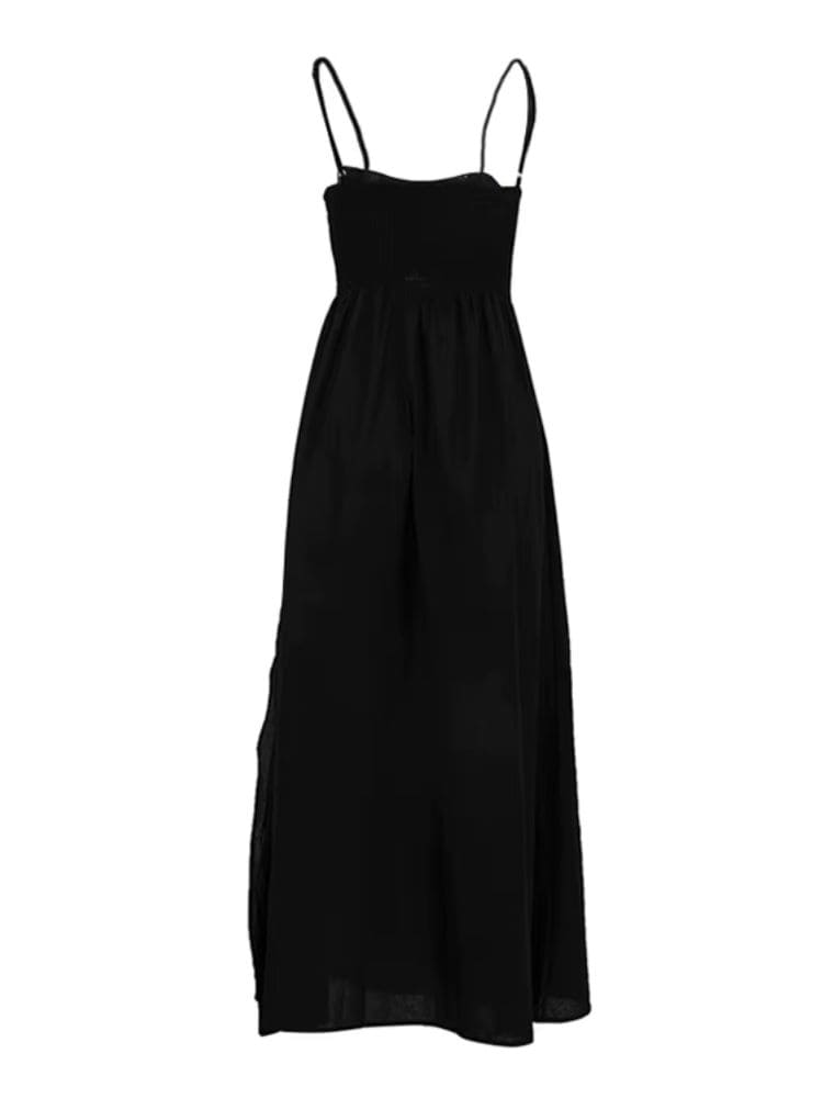 Detalhe das costas com alças ajustáveis do vestido longo preto – Moda Origem