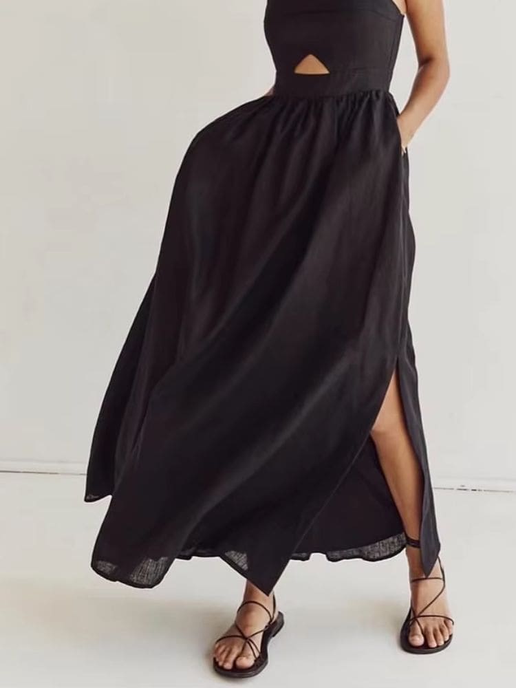 Vestido longo feminino preto com fenda lateral, detalhe elegante – Moda Origem