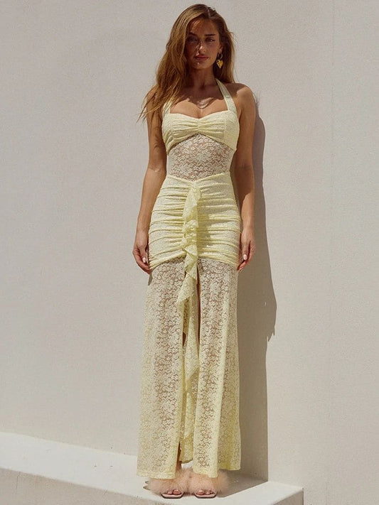 Vestido longo de renda amarelo com fenda, vista frontal - Moda Origem