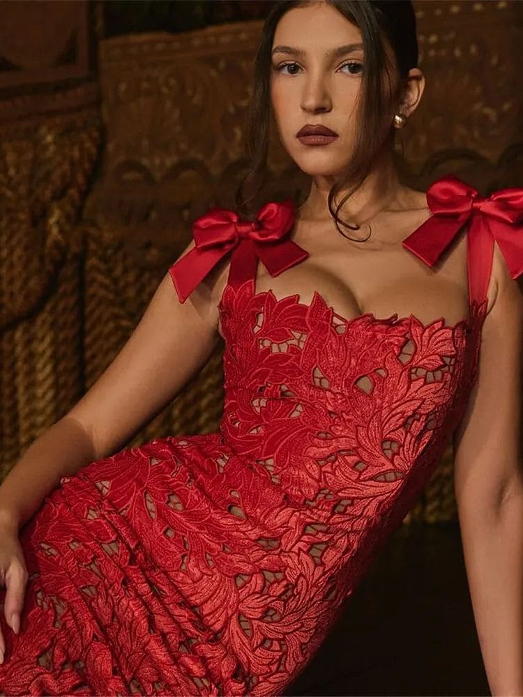 Vestido longo de renda preto e vermelho para festa e casamento elegante – Moda Origem
