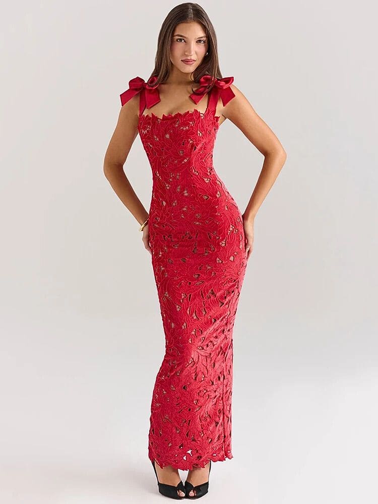 Vestido longo de renda vermelho elegante para festa, casamento e formatura – Moda Origem