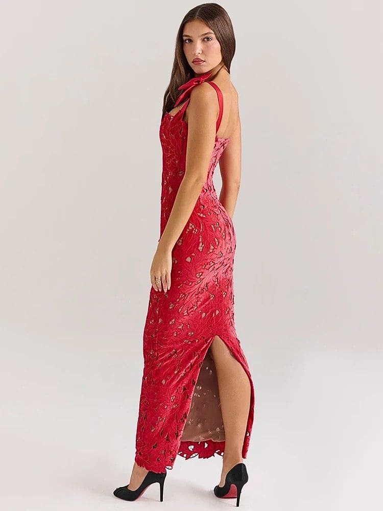 Vestido longo de renda vermelho para ocasiões perfil e eventos formais – Moda Origem