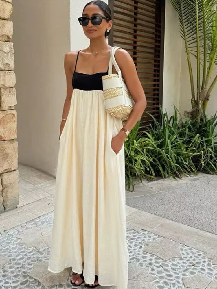 Modelo usando Vestido Longo Soltinho de Algodão da Moda Origem, visto de frente, estilo casual chic para o verão